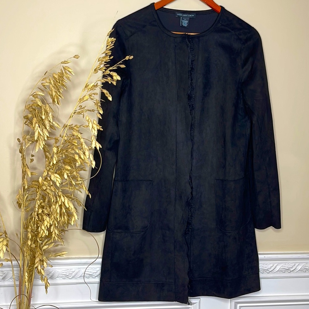 Joan Vass New York Coat Faux Leather Black Open Front Cardigan Jacket